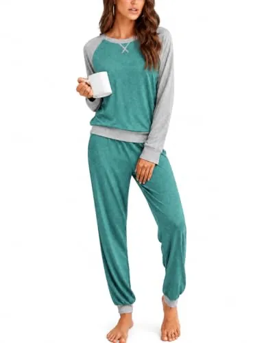 Leversic Pijamas Mujer Conjunto de Pijamas Largo de Invierno con Mangas Raglán Pijama con Top y Pantalón de Bloques de Color y Bolsillos(Azul de Cobalto,M)