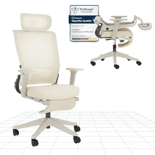 FLEXISPOT Foldex Silla de Oficina Ergonómica, Plegable con Apoyo Lumbar, Reposabrazos Regulables en Altura, Reposacabezas 2D, Silla de Escritorio de Malla para Oficina Casa-Blanco