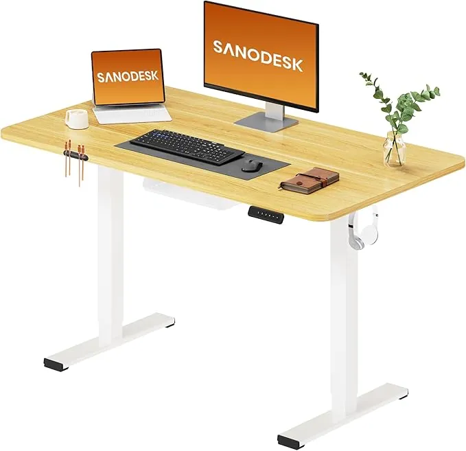 SANODESK Escritorio Elevable Eléctrico con Tablero Entero de Una Pieza 120x60 cm, Regulable en Altura con Memoria, Estable, Silencioso y Anticolisión, Ideal Teletrabajo y Oficina en Casa (Arce Blanco)