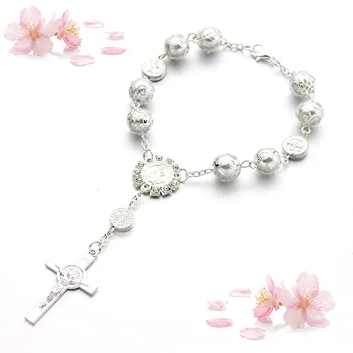 Floatdream Pulsera con Colgante de Cruz, Pulsera Rosario Cristiano con Cruz, Pulsera cruz Cristiana, para Cumpleaños, Confirmaciones, Comuniones, Bautizos, Fiestas(Blanco)