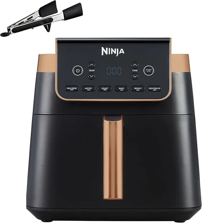 Ninja MAX PRO Freidora de aire, 6,2L, sin aceite, cajón individual, tamaño familiar, Asar, Hornear, Freír con aire, cajón antihaderente apto lavavajilllas, pinzas de silicona, negro/cobre, AF180EUCP