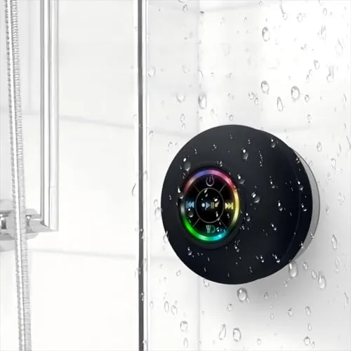 Altavoz Ducha Bluetooth Altavoz Baño con Ventosa Inalámbrico Portátil Mini Speaker Wireless Altavoces Compacto Trompeta Luz LED Bass Sonido Estéreo Impermeable para Hogar Fiesta Ducha Bathro Viajes
