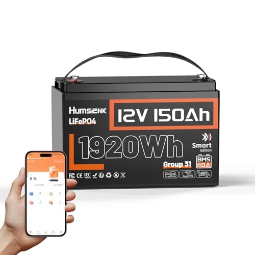 Humsienk Batería de Litio LiFePO4 12V 150Ah con Bluetooth, BMS 110A Integrado, Protección Baja Temperatura, 15000+ Ciclos Profundos, Recargable, para Autocaravana, Solar, Barco, Off-Grid
