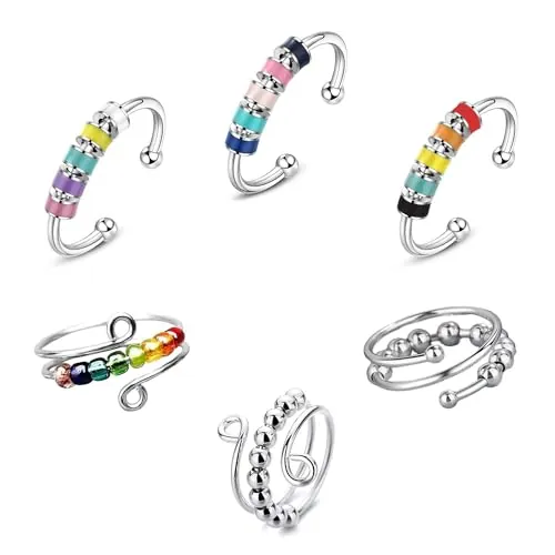 SYEYCW 6 Piezas Anillos de Ansiedad, Anillo Antiestrés Ajustable de Acero Inoxidable, Anillos Abiertos Giratorios de Resina de Colores, Anillo Antiestres Mujer, para Mujeres, Hombres, Niños