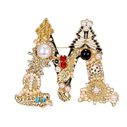 Broche de perlas barrocas con diamantes de imitación y letras inglesas, broche de solapa de cristal colorido para mujer, joyería de moda - M