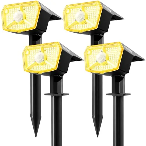SUNNMO Luces Solares LED Exterior Jardin con Sensor de Movimiento, 4 Piezas Focos LED Exterior Solares Jardin Potentes 104LED 3Modos, Foco Lampara Luz Solar Exterior Jardin IP65 Impermeable Luz Calida