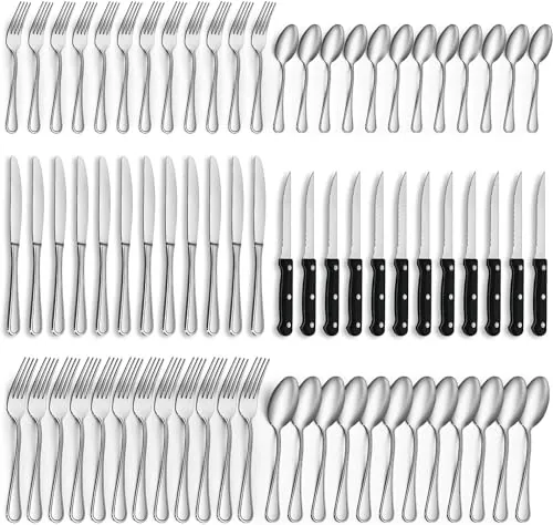 Gifcomda Juego de cubiertos, 72 piezas cubiertos acero inoxidable para 12 personas, pulido brillante, juego de cubiertos con cuchillo de carne, cuchillo, tenedor, cuchara, apto para lavavajillas