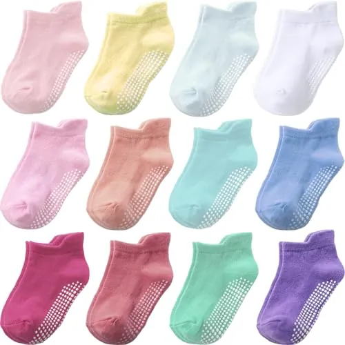 Aroveea Calcetines Antideslizantes Bebés y Niños Pequeños, 12 Pares Algodón Lindos de Tobillo, 3-5 Años Niños y Niñas