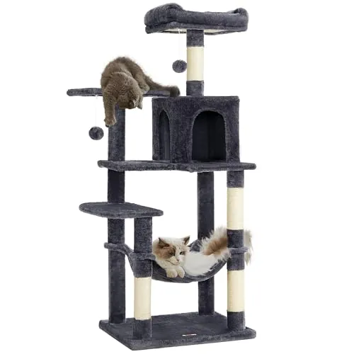 Feandrea Árbol para Gatos, Altura 143 cm, Torre de Gatos, con 4 Postes Rascadores, 2 Plataformas, 1 Cueva, 1 Hamaca, 2 Pompones, Tela de Felpa, Multinivel, Gris Ahumado PCT161G01