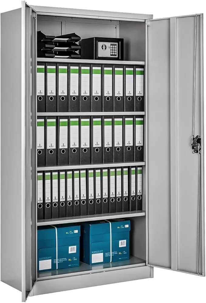 tectake® Armario Archivador Oficina en Acero 180x90x40 cm, Armario Exterior e Interior con Cerradura, Armario Multiusos con 2 Puertas, 4 Estantes Ajustables y 5 Alturas, Fácil Montaje - Gris