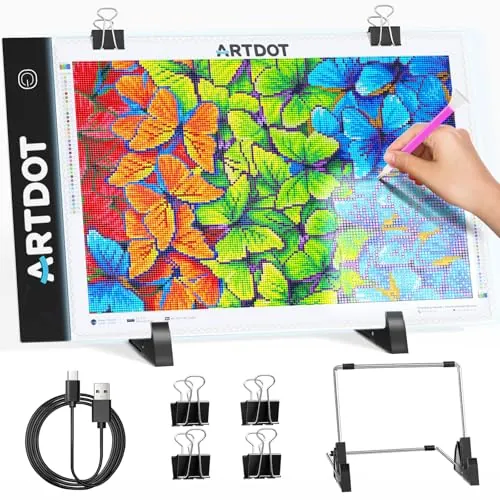 ARTDOT A4 Mesa de Luz LED para Kits de Pintura de Diamante para Adultos, Tablero de Dibujo con Brillo Ajustable y Alimentación USB, Pantalla Luminosa con Accesorios para pintura de diamante