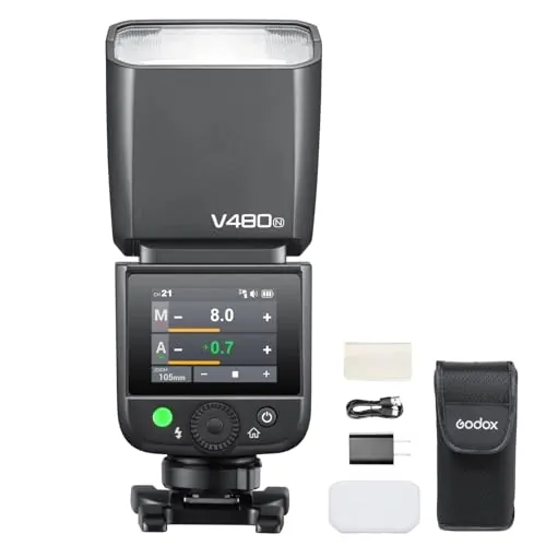Godox V480-N Flash para Nikon, TTL, GN50 de Alta Potencia, Control por Pantalla táctil, Carga USB-C, Tiempo de Reciclado de 1,7s, 650 Destellos de máxima Potencia, 2,4G X inalámbrico, 1/8000s HSS