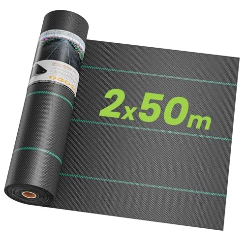 OUNUO Malla Antihierbas Geotextil 2 x 50 m – 90 g/m², Protección Eficaz para Jardines Amplios, Huertos y Proyectos de Paisajismo, Anti-UV, Resistente y Transpirable, Negro