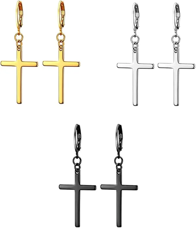 Conjunto de 3 Pares de Pendientes de Cruz - Aros de Acero Inoxidable con Colgante - Joyería Cruzada para Hombres y Mujeres - Regalo en Oro, Plata y Negro