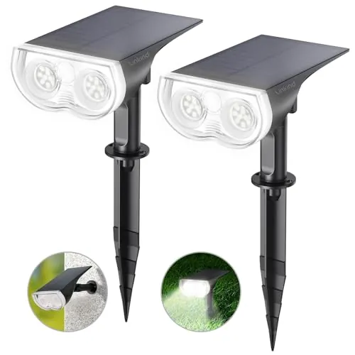 Linkind Luces Solares LED Exterior Jardin, Foco Solar con Sensor de Luz, Blanca Fría 6500K 650lm, Lámpara Solar Impermeable IP65 para Iluminación de Caminos, Patio,Terreza,Césped y Camping (2 Piezas)