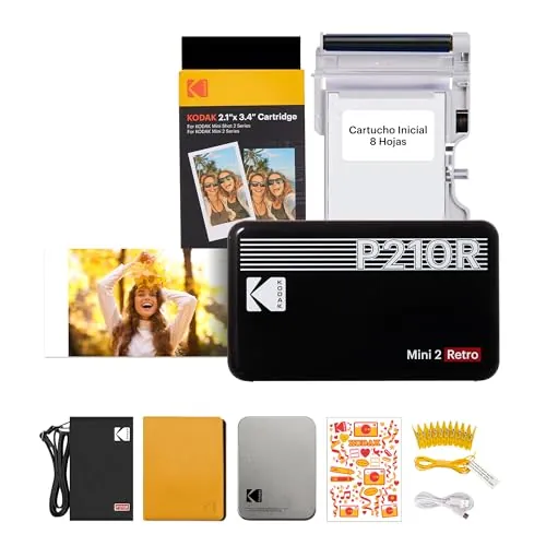 KODAK Mini 2 Retro 4Pass Impresora de Fotos Portátil (5,3x8,6cm) + Pack de Regalo con 68 Hojas (8 Hojas Iniciales + 60 Hojas) - Negro