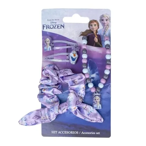 Set de Belleza de Frozen - Incluye 1 Coletero de Tela, 2 Horquillas y 1 Collar - Multicolor - Multicomposición - Diseño Inspirado en Elsa y Olaf - Producto Original Diseñado en España
