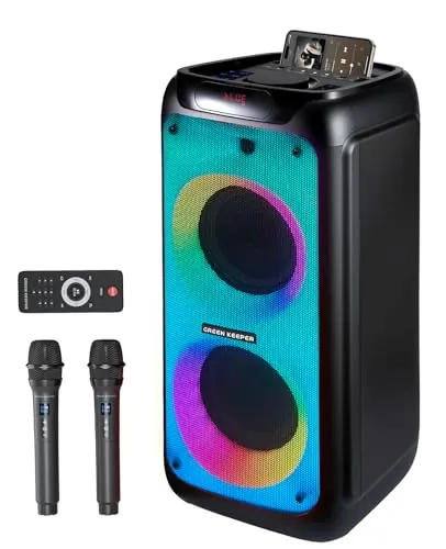 GKD80 Karaoke para Adultos con 2 Micrófonos UHF Inalámbricos, Altavoz Bluetooth de 600 W con Dos Subwoofers de 8", Altavoz Portátil con Control Remoto y Ruedas, para Eventos al Aire Libre y Fiestas