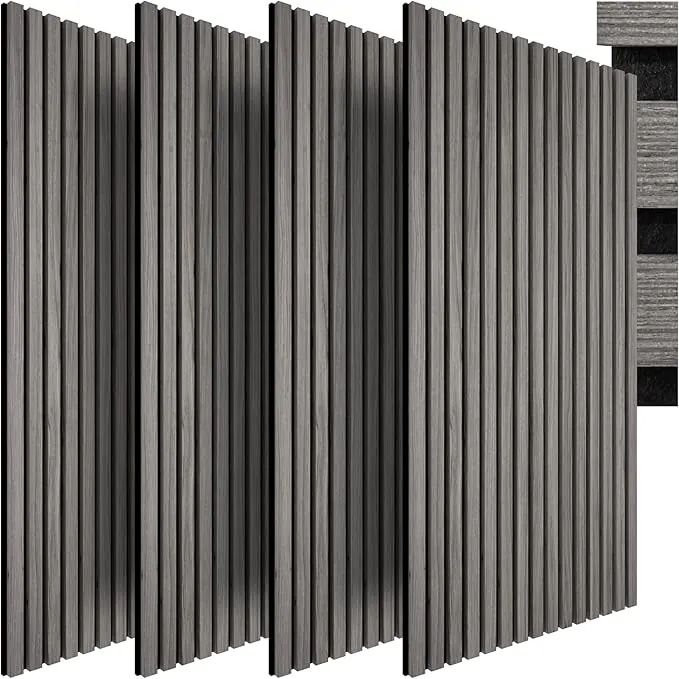 tectake® Paneles Acusticos Decorativos MDF, Chapa de Madera Real, Excelente Acústica, Tejido de Fieltro y Madera, Insonorización Acústica Pared - 60 x 120 x 2,1 cm 4 Paneles Roble Gris Claro