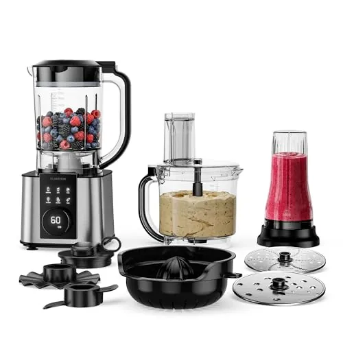 Klarstein Robot de cocina, Verosteel con batidora – Robot de cocina multifunción de 1200 W, recipiente de 2 L, batidora de 1,75 L, 10 velocidades, 6 programas, exprimidor y picadora de carne