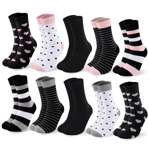 Cirorld 10 Pares Calcetines Mujer Coloridos Algodón 39-42, Medias Medianas, Deportivas Cómodas, Invernales Transpirables, Diseños Rayas & Lunares​