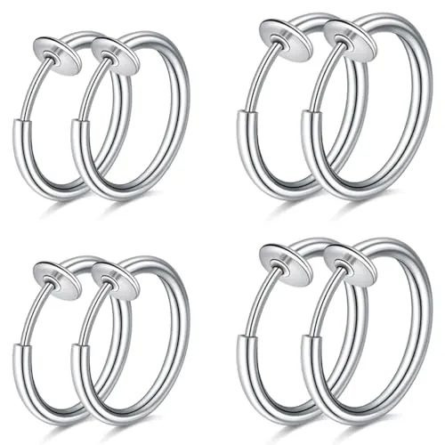 WKRTDY Set 4 pares de pendientes clip de acero inoxidable unisex para hombres y mujeres, Diseño falso sin agujero, cómodos y seguros, Ideal para piercing y estilo moderno, plata