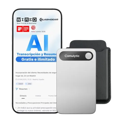 Comulytic Note Pro Grabadora de Voz IA Transcripción y Resúmenes Ilimitados | Control por App, 113 Idiomas Diseñada para Lección, Reuniones y Llamadas, con Funda, Plata