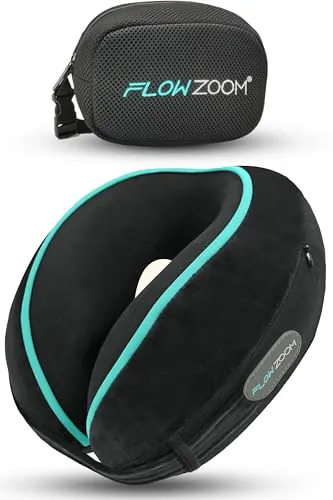 FLOWZOOM Dream Almohada de Viaje Viscoelástica – Cojín de Cuello Ajustable con Soporte 360° y Laterales Altos, Funda de Felpa Suave y Lavable, con Bolsa Compacta – para Avión, Coche y Tren – Negro