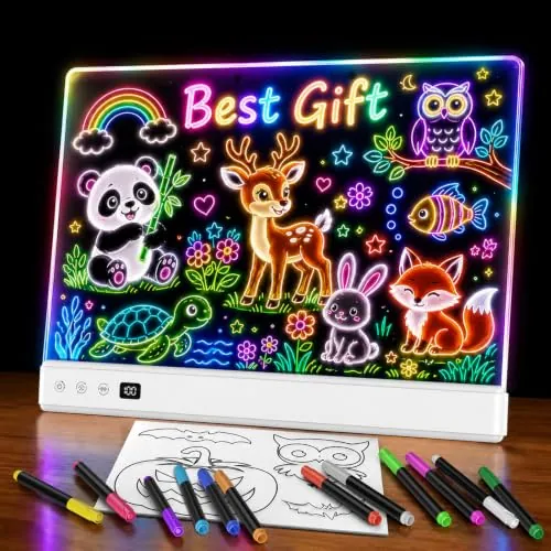 Tablero de dibujo LED TOHETO para niños, pizarra LED recargable para garabatear con 16 efectos de luz, tableta de dibujo con luz de neón, regalo para niñas y adolescentes, 12 rotuladores
