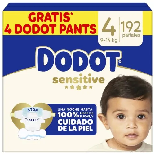 Dodot Pañales Bebé Sensitive, Talla 4 (9-14 kg), 192 Pañales + 4 Pants de Regalo, Hasta 12 h De Protección Antifugas y Cuidado de la Piel, Pack Mensual