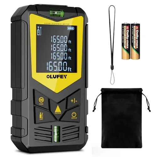 OLUFEY Medidor Láser de Distancia Láser 50 m, Herramienta de Medición Digital Portátil IP54, Buscador de Rango con Niveles de Burbujas y Pantalla LCD Retroiluminada