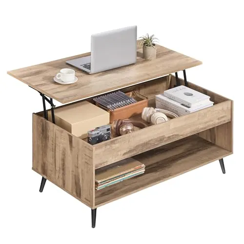 VASAGLE Mesa de Centro, Mesa de Café con Tablero Elevable, Resorte de Gas, Compartimento Oculto, Estante Abierto, para Sala de Estar, Comedor, Oficina, Marrón Camello y Negro Tinta LCT267LB01