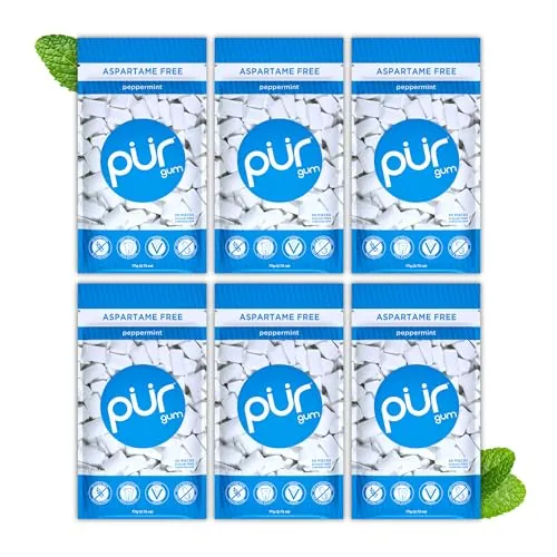 PUR Gum chicle sin azúcar con xilitol, vegano, sin aspartamo y sin gluten, sabor peppermint, 55 piezas (paquete de 6)