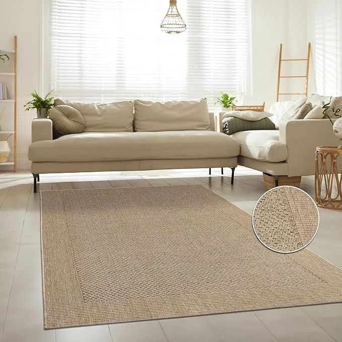 Paco Home Alfombra de Yute para Interior y Exterior - Natural y Negra, Resistente y Elegante, Ideal para Patio y Salón, tamaño:200x290 cm, Color:Beige