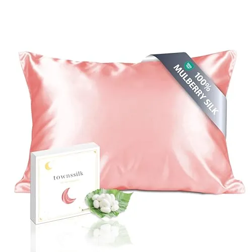 TOWNSSILK - Funda de Almohada 100% de Seda de Morera, cuida el Cabello y la Piel, Ambos Lados de Seda de 19 Momme, 1 Unidad,Coral， 50 x 75 cm