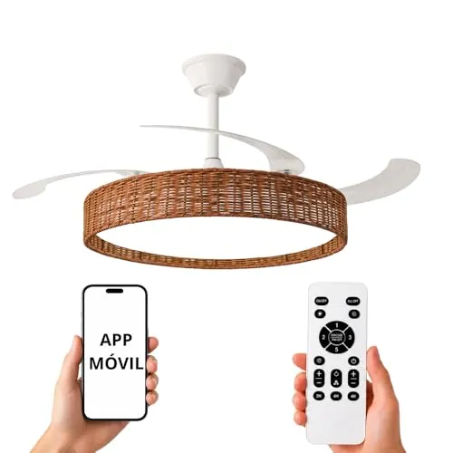 NARVI Ventilador de Techo Ø107 cm Mimbre Roble Marrón con Luz LED Regulable, Motor DC Silencioso de Bajo Consumo, Lámpara Ventilador con Mando, 3 Aspas Retráctiles, NERJA 7939 WDND