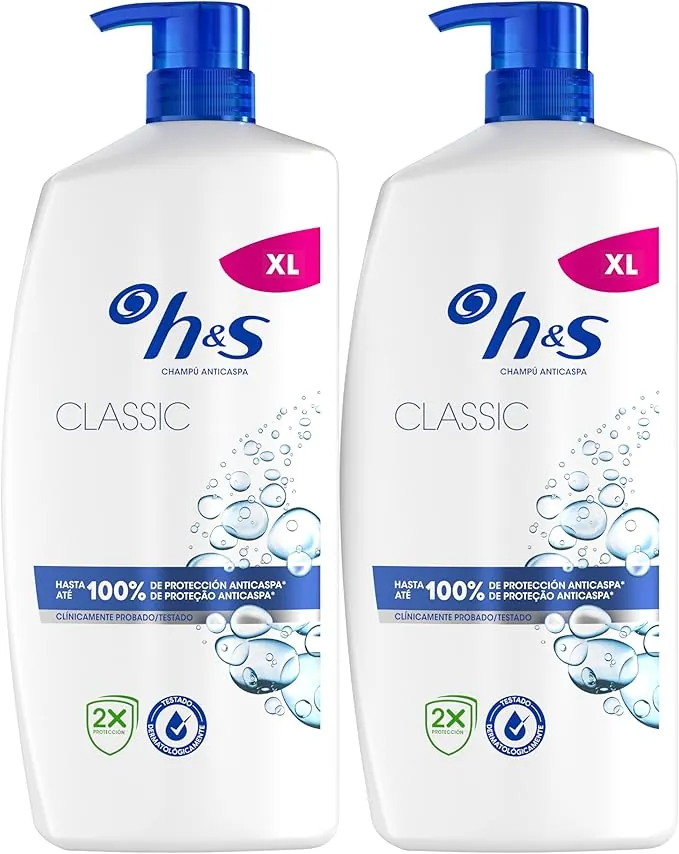 H&S Classic Champú Anticaspa 2X800ml Con Dispensador, Para Uso Diario. Hasta 100% De Protección Anticaspa, Clínicamente Probado. Para Todo Tipo De Pelo Y Cuero Cabelludo. Sensación De Frescor
