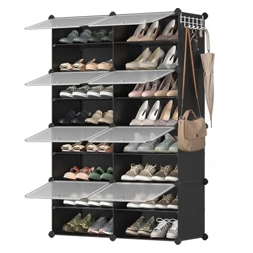 SONGMICS Zapatero, Modular, 32 Pares, 8 Compartimentos | Armario Multiusos, 83 x 32 x 122 cm, Plástico, Antipolvo, Entrada, Negro, Colección Damion LPC034B01