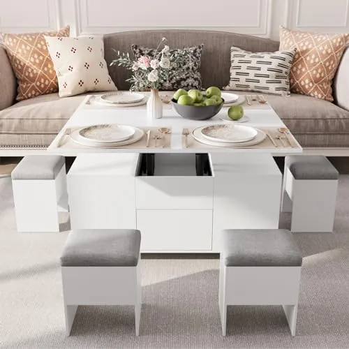 VOWNER Mesa de Centro Elevable, 4 en 1 Mesa de Salón Multifuncional, Mesa de Centro Convertible en Mesa de Comedor de Salón, 108L x 105P x 68H cm, con 4 Taburetes, (Blanco)