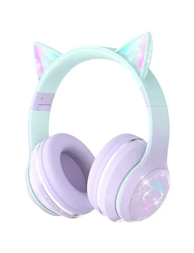 Xunpuls Auriculares Bluetooth para Niños con Micrófono,Cascos Inalambricos niña,Sonido Estéreo,Oreja de Gato con Luz LED Auriculares para Movil,Tablet,para Regalo de cumpleaños,Niños Niñas Adultos