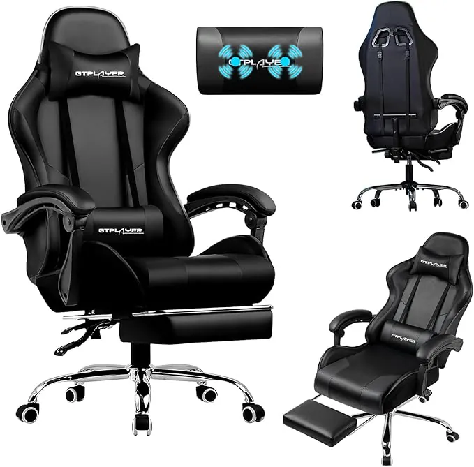 LUCKRACER Silla Gaming con Masaje Ergonómica | Reposapiés y Reposacabezas Retráctil | Soporte 150 kg | Oficina y Hogar | Color Negro