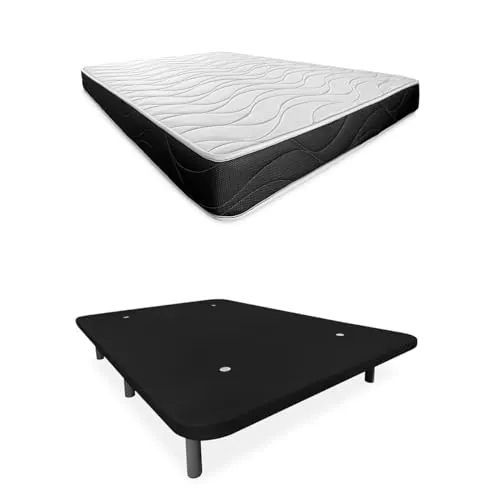 Somnia Descanso - Cama Completa con Colchón Bombay Reversible + Base Tapizada Extra Reforzada con 6 Patas Cilíndricas Metálicas Roscadas, 150 x 190, Negro