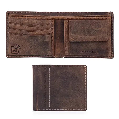 moonster Cartera de Piel con Bloqueo RFID Mantiene el Dinero y Las Tarjetas Organizadas con Fácil Acceso – Billetera para Hombre Minimalista – 100% Piel de Búfalo – Preciosa Caja Regalo