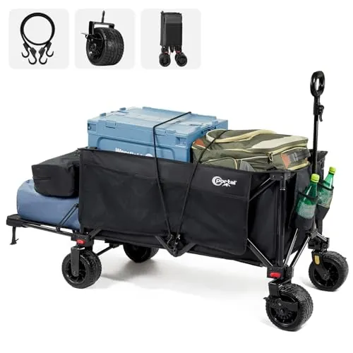PORTAL Carro de Playa Plegable 300L con Puerta Trasera Abatible, Carrito de Camping Todo Terreno con Ruedas Anchas y Frenos, Vagón de Transporte Grande para Festival, Jardín, Compras