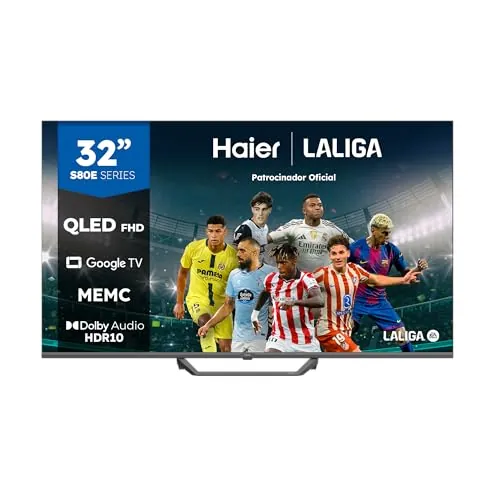 Haier QLED Full HD H32S80EFX - 32", Smart TV, Google TV, Dolby Audio, HDR 10, Smart Remote Control, Google Assistant, Bluetooth 5.1, DBX TV, HDMI 2.1 x 4, Sin Marcos, 2024