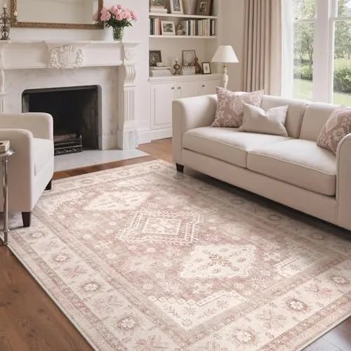GENIMO Alfombra Salon Sin Peluche,Alfombra Cocina Lavable Antideslizante,Alfombra Pasillo de Dormitorio,Alfombra Silla Escritorio,Comedor,Boho,200x290 cm, Beige Rosa