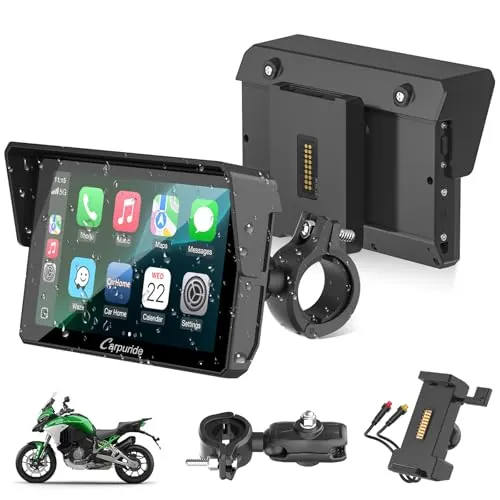 Carpuride W502S Pro - GPS inalámbrico para Motocicleta, Carplay/Android Auto, Pantalla táctil Impermeable de 5", con Soporte BM05, Bluetooth Trans, Mando a Distancia con Cable y navegación