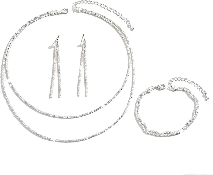 JAWAI Conjunto de Joyas de 3 Piezas, Conjunto Collar y Pendientes, Pendientes de Plata, Collar de Plata de Ley 925 Sin Colgante, Pulsera de Plata, Conjunto de Joyas para Boda, Regalo para Mujeres