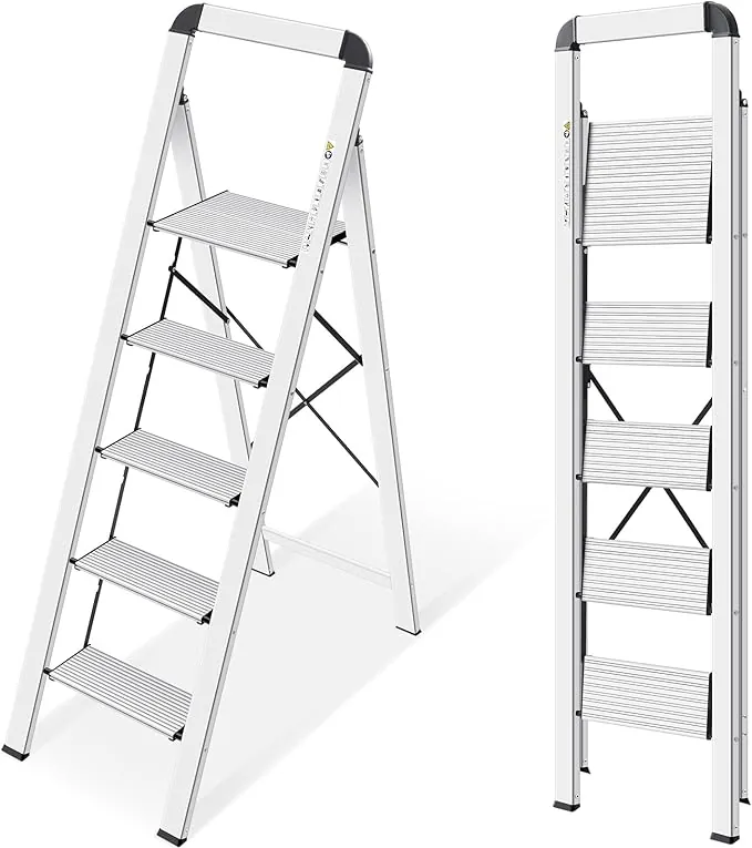 KINGRACK Escalera de Tijera 5 peldaños Plegable de Aluminio, Escalera Doméstica Estrecha con Pasamanos, Mecanismo Antiplegado, Uso Hogar Cocina Despensa Oficina, Ahorro de Espacio y Portátil, Plata