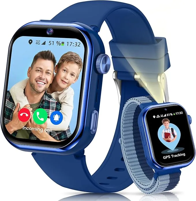4G Reloj Inteligente Niño, 1.83'' HD Smartwatch Niños con GPS y Llamadas, Videollamadas, Chat de Voz, Modo Escuela, Doble Cámara, Monitor de Sueño, Podómetro, Despertador IP68 para Niñas Niños Azul